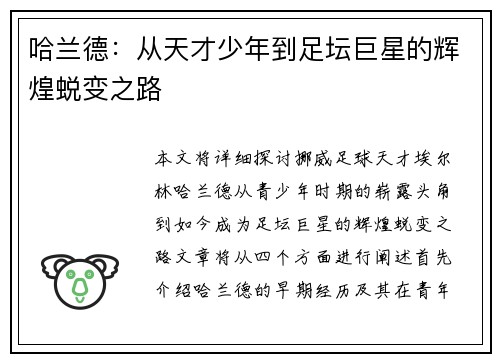 哈兰德：从天才少年到足坛巨星的辉煌蜕变之路
